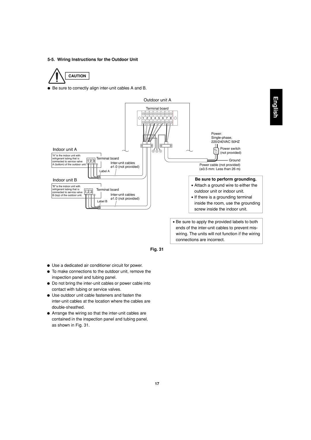 Sanyo SAP-CMRV1426EH-F, SAP-CMRV1926EH service manual Wiring Instructions for the Outdoor Unit, Be sure to perform grounding 