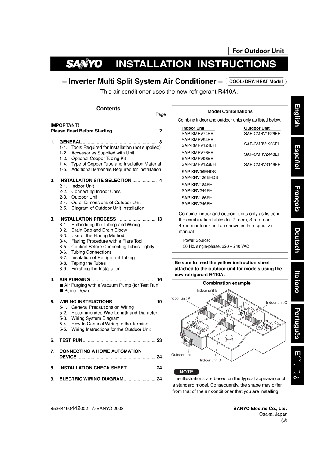 Sanyo SAP-CMRV1926EH, SAP-CMRV1426EH-F service manual Deutsch Italiano Português EÏÏËÓÈÎ¿ 