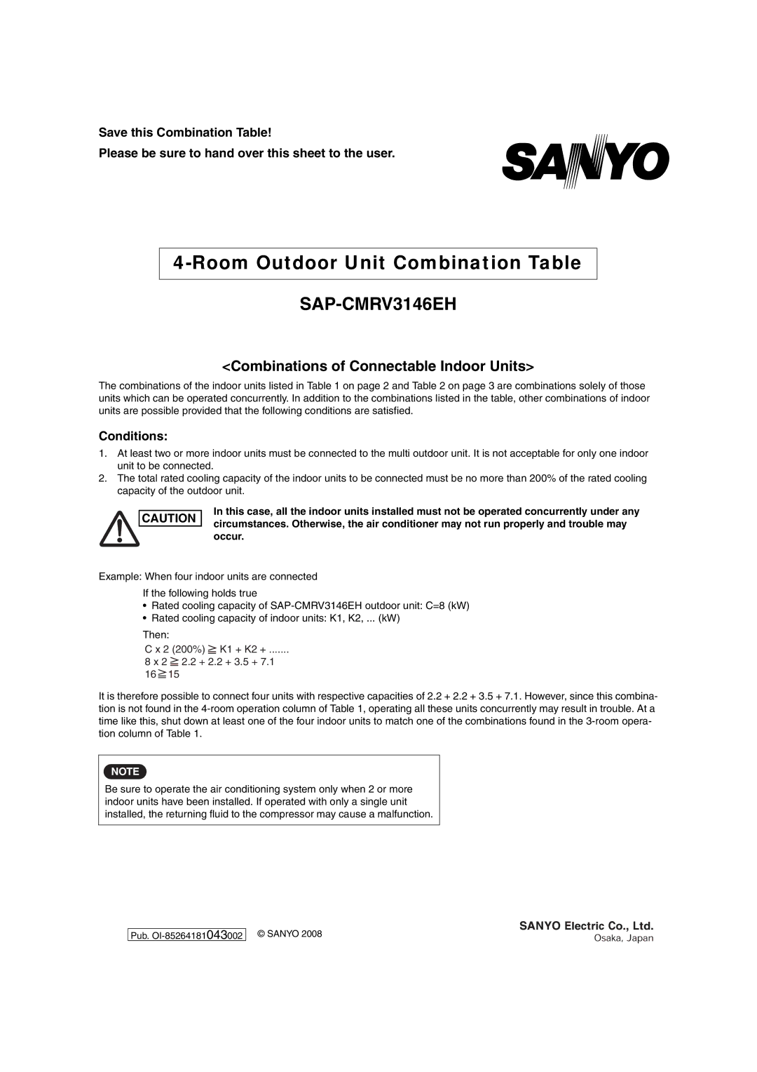 Sanyo SAP-CMRV1926EH, SAP-CMRV1426EH-F service manual SAP-CMRV3146EH 