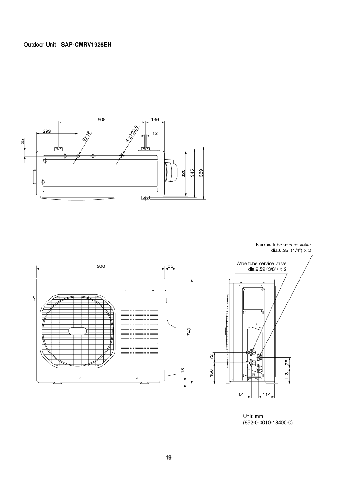 Sanyo SAP-CMRV1926EH, SAP-CMRV1426EH-F service manual Unit mm 852-0-0010-13400-0 