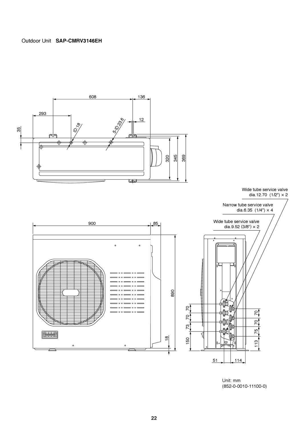 Sanyo SAP-CMRV1426EH-F, SAP-CMRV1926EH service manual Unit mm 852-0-0010-11100-0 