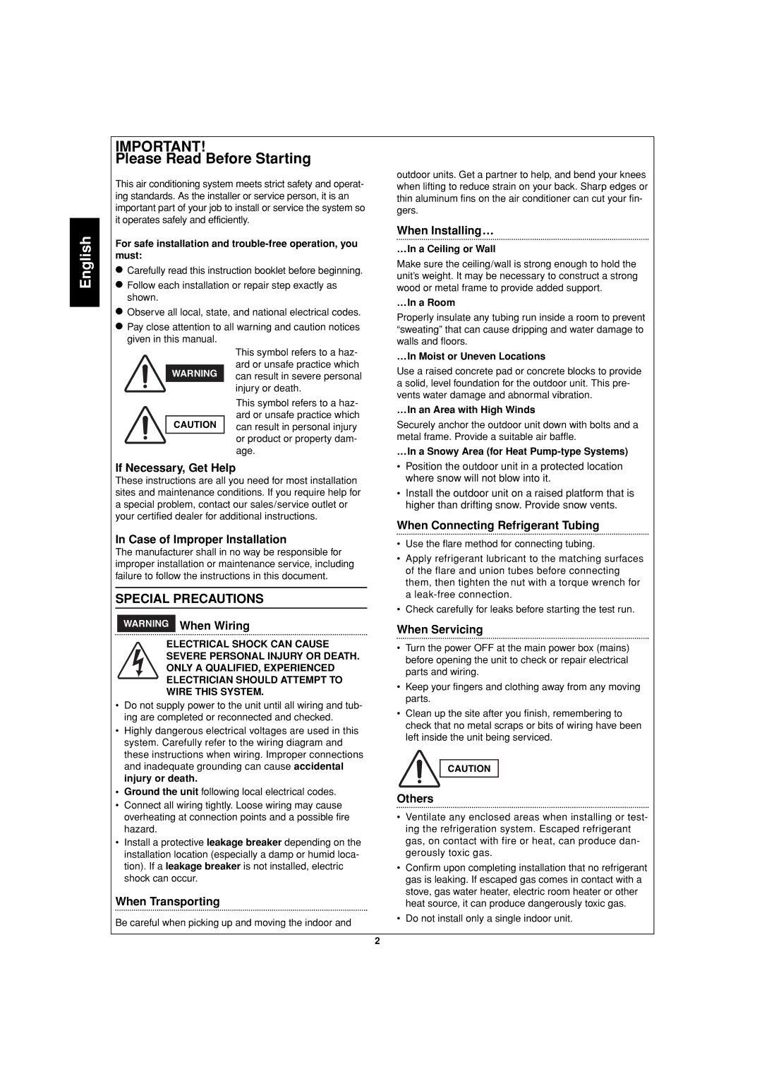 Sanyo SAP-CMRV1926EH For safe installation and trouble-free operation, you must, …In a Ceiling or Wall, …In a Room 