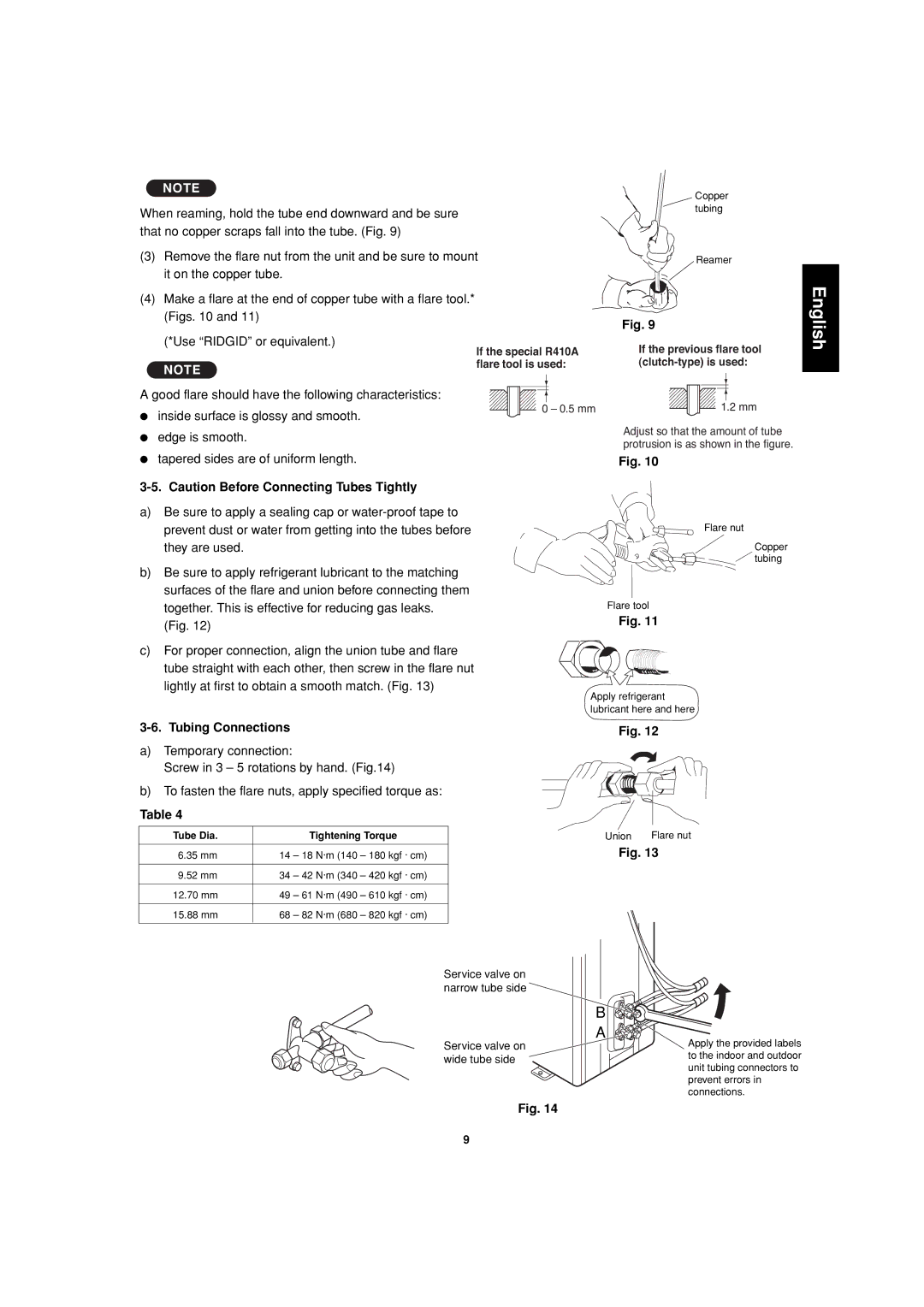 Sanyo SAP-CMRV1426EH-F, SAP-CMRV1926EH service manual Tubing Connections, Tube Dia Tightening Torque 