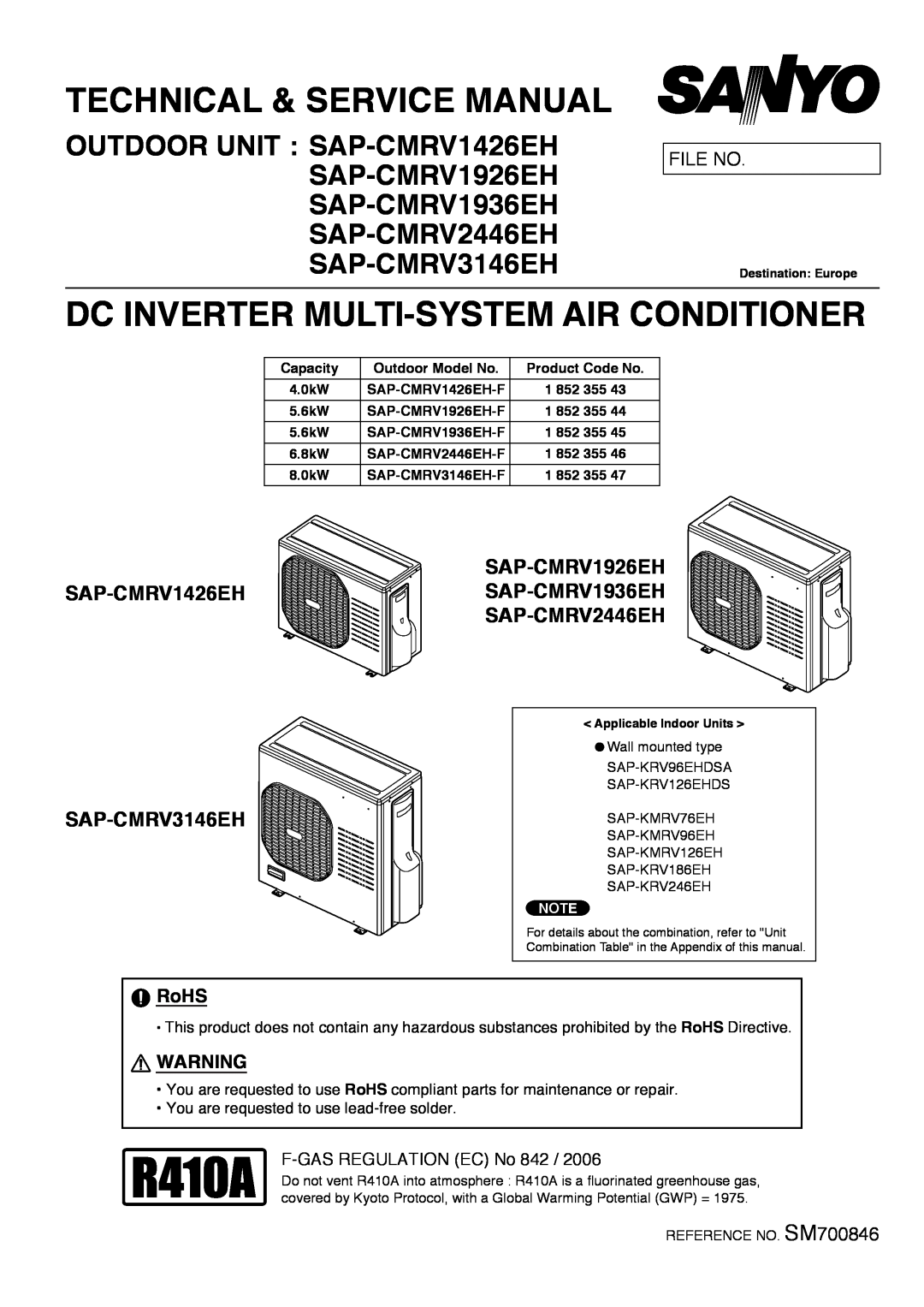 Sanyo SAP-CMRV1926EH service manual File No, Technical & Service Manual, Dc Inverter Multi-Systemair Conditioner 