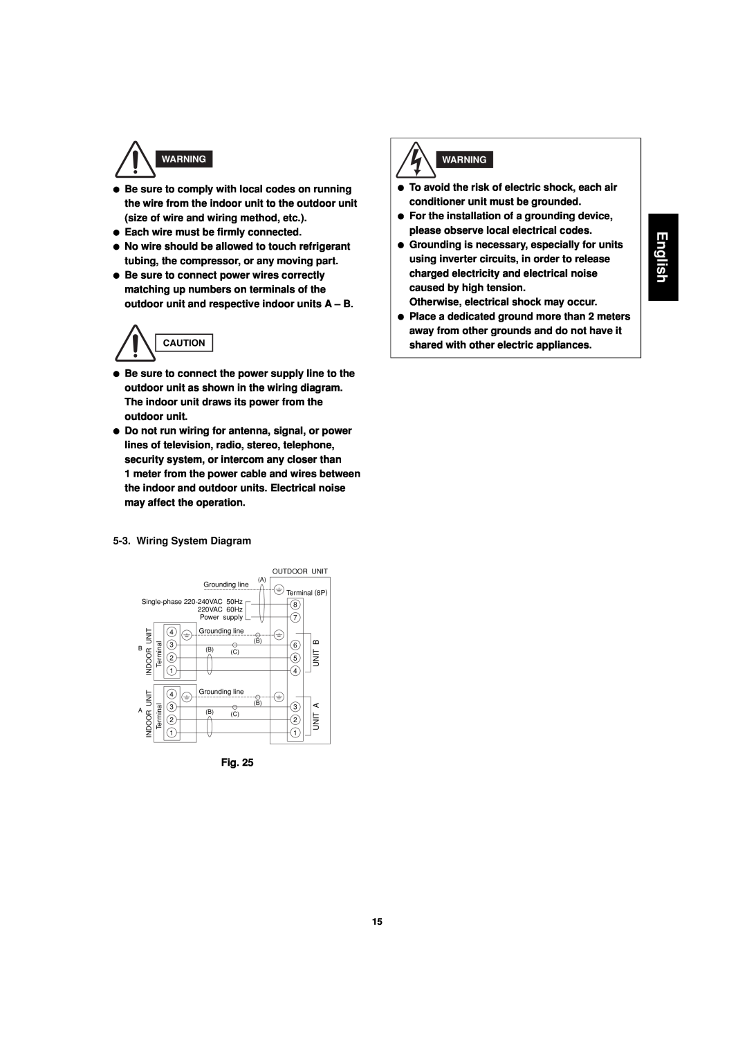 Sanyo SAP-CMRV1426EH-F, SAP-CMRV1926EH English, Each wire must be firmly connected, Wiring System Diagram, Fig 