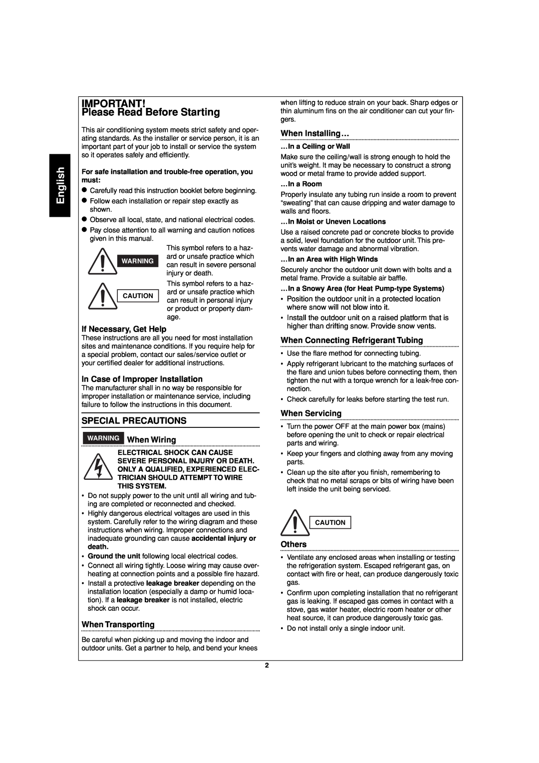 Sanyo SAP-CMRV1426EH-F English, Please Read Before Starting, When Installing…, If Necessary, Get Help, WARNING When Wiring 