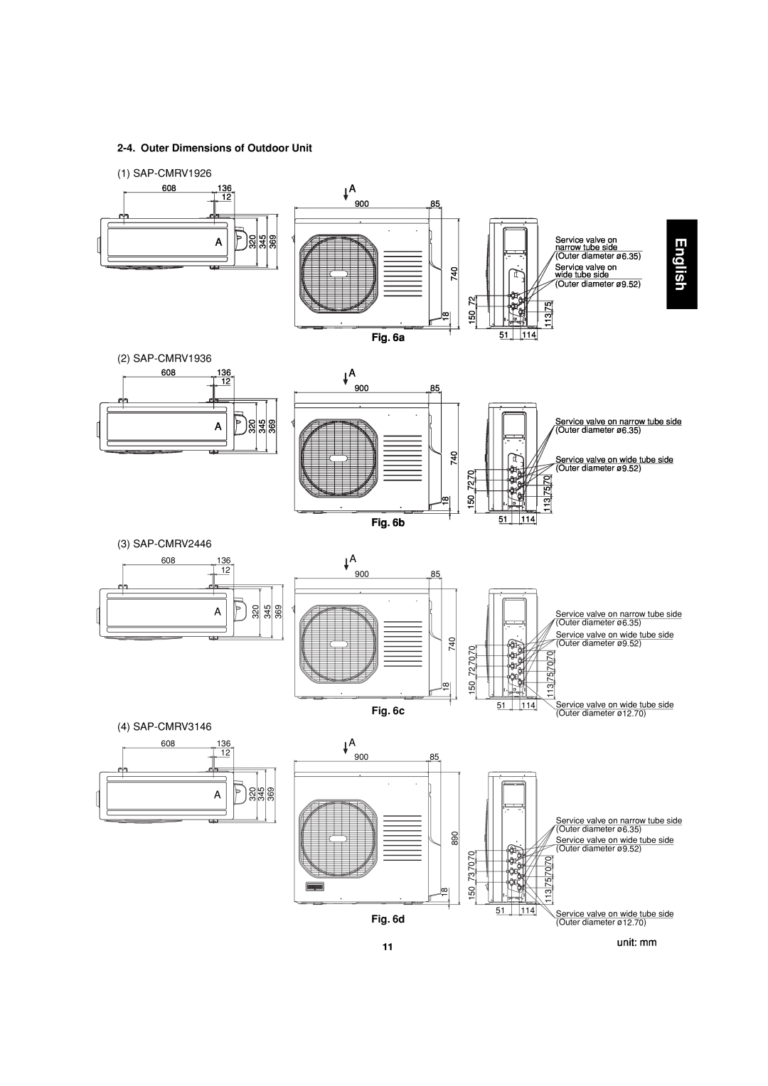 Sanyo SAP-CMRV1926EH, SAP-CMRV1426EH-F service manual Outer Dimensions of Outdoor Unit, unit: mm 