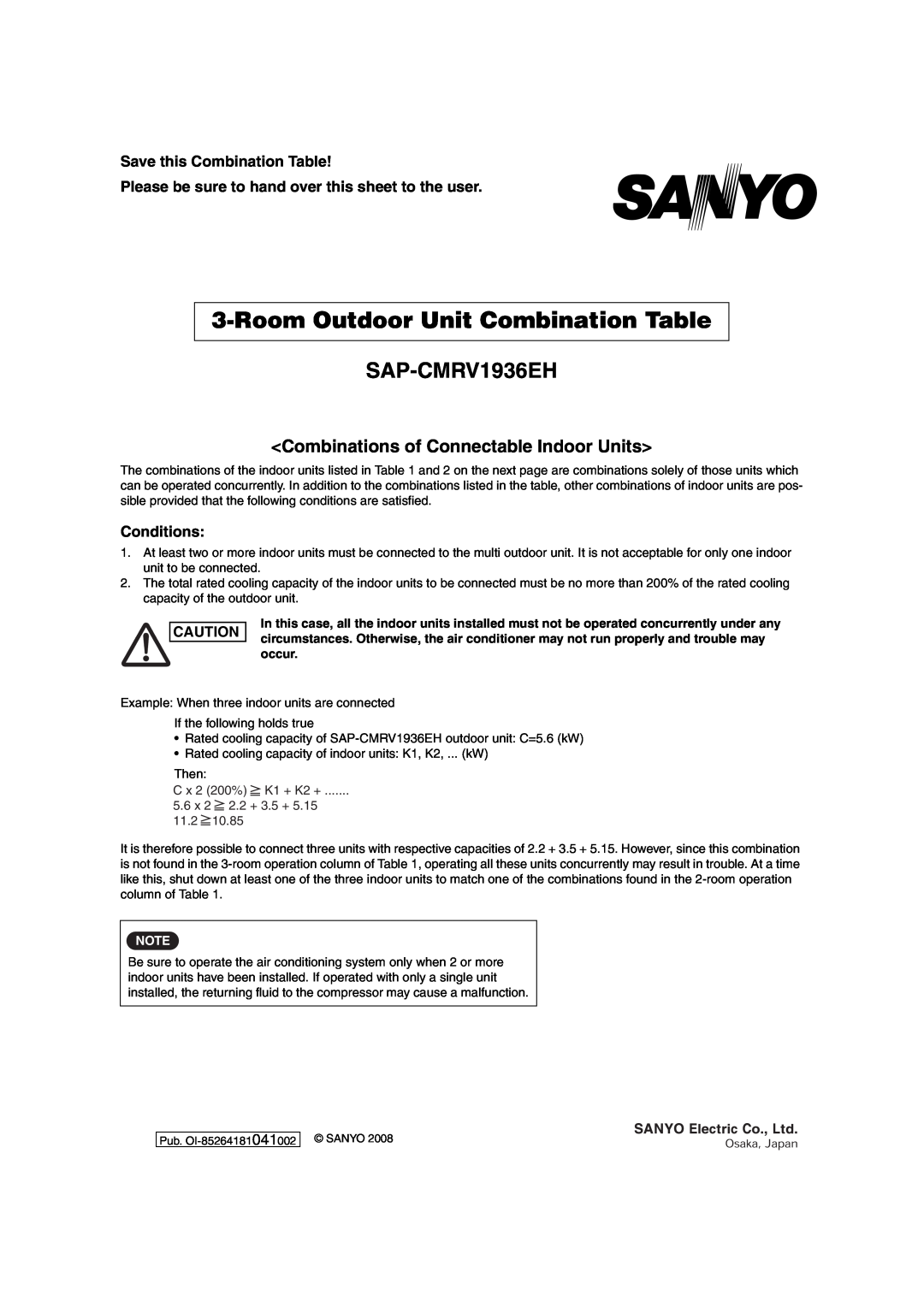Sanyo SAP-CMRV1426EH-F RoomOutdoor Unit Combination Table, SAP-CMRV1936EH, <Combinations of Connectable Indoor Units> 