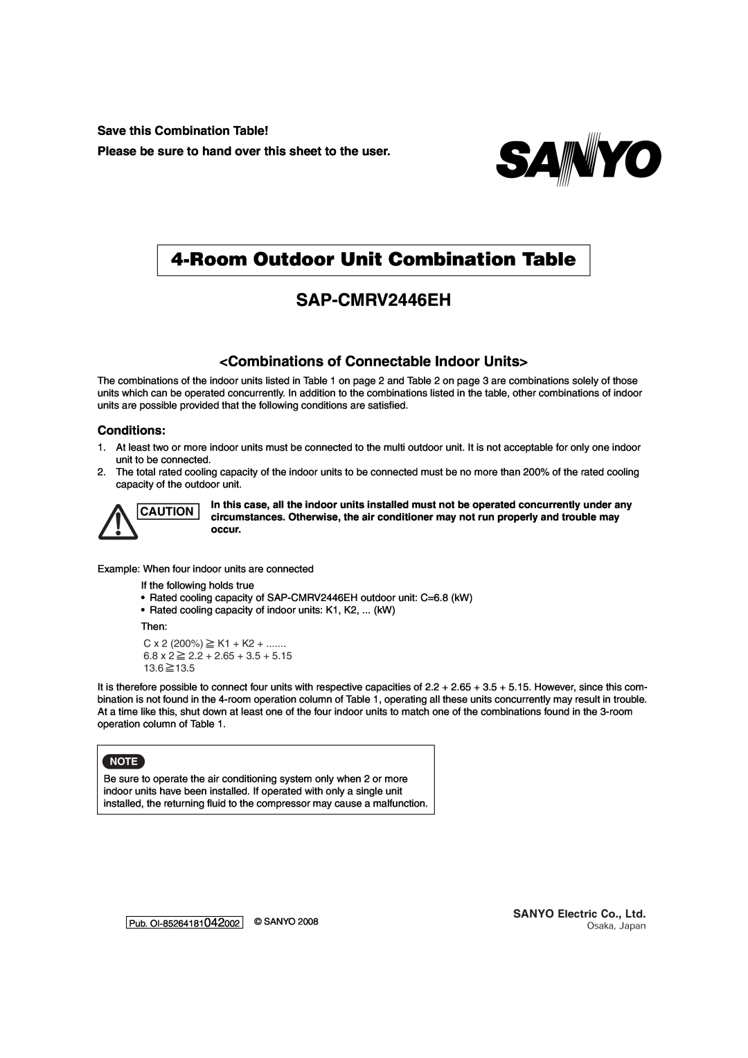 Sanyo SAP-CMRV1426EH-F RoomOutdoor Unit Combination Table, SAP-CMRV2446EH, <Combinations of Connectable Indoor Units> 