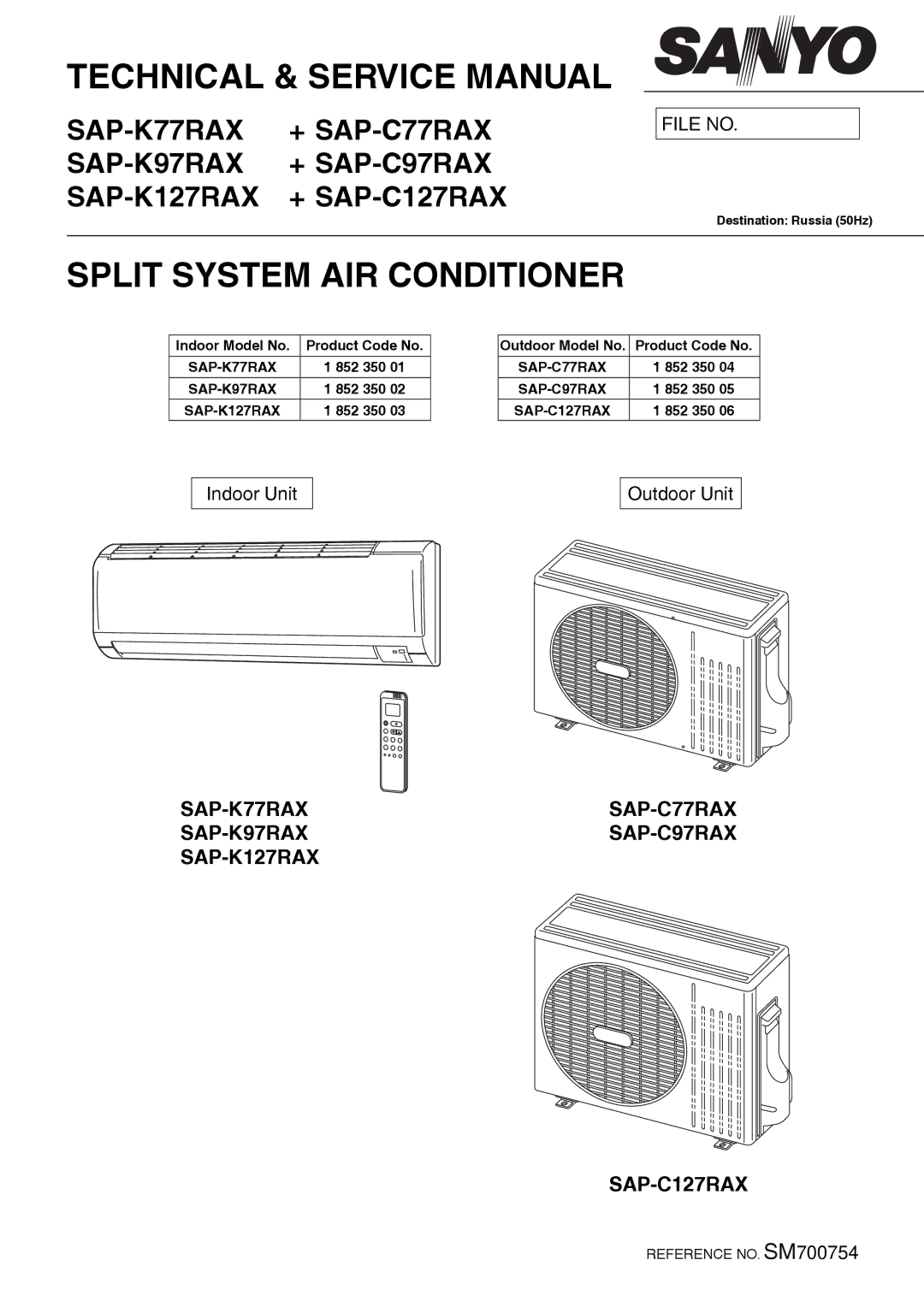 Sanyo Sanyo Split System Air Conditoner, SAP-K77RAX service manual Split System AIR Conditioner 