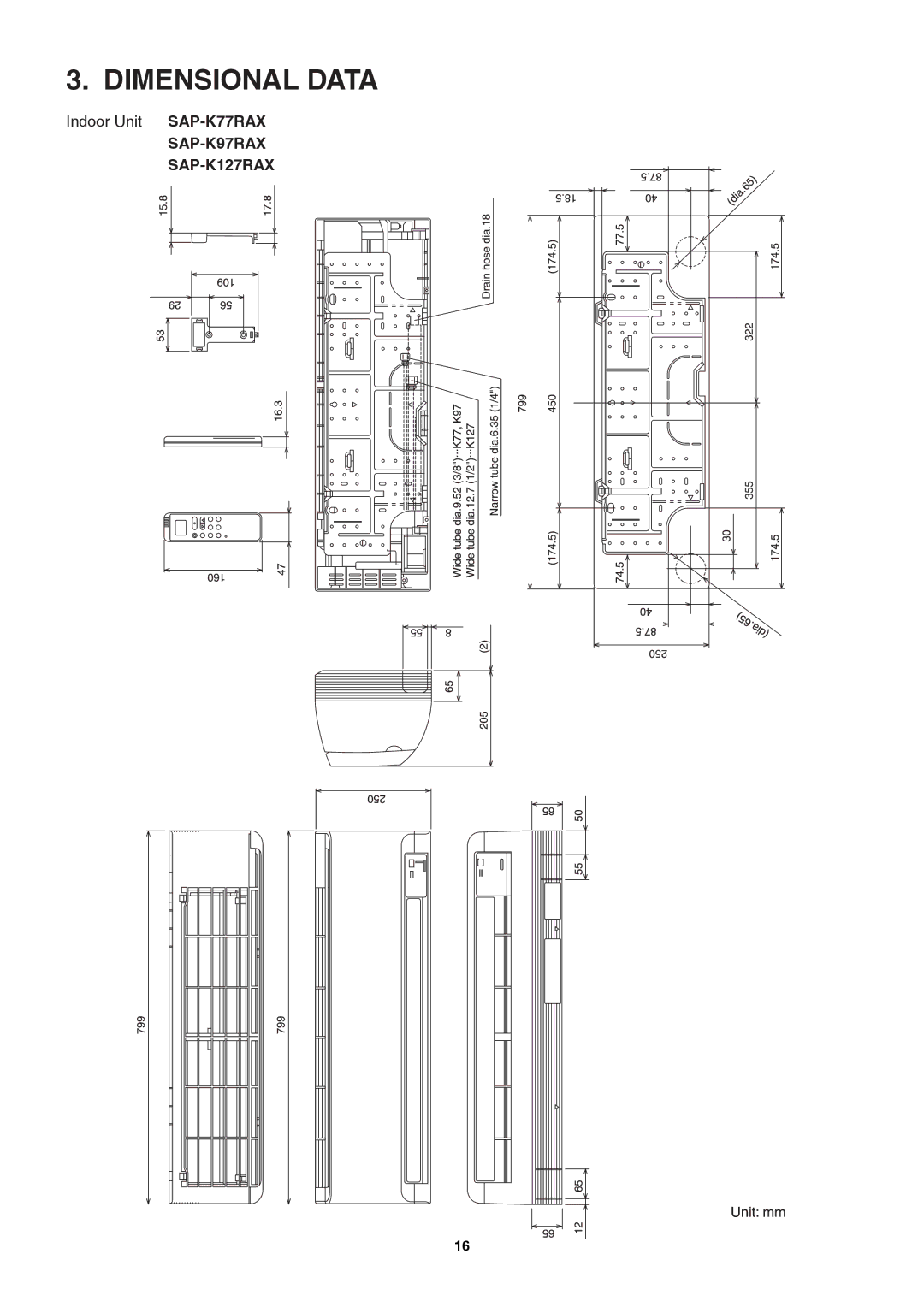 Sanyo SAP-K77RAX, Sanyo Split System Air Conditoner service manual Dimensional Data 