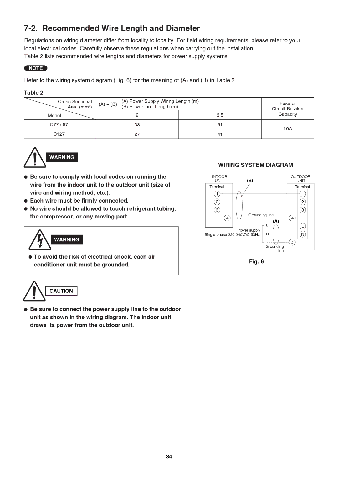 Sanyo SAP-K77RAX, Sanyo Split System Air Conditoner service manual Recommended Wire Length and Diameter 