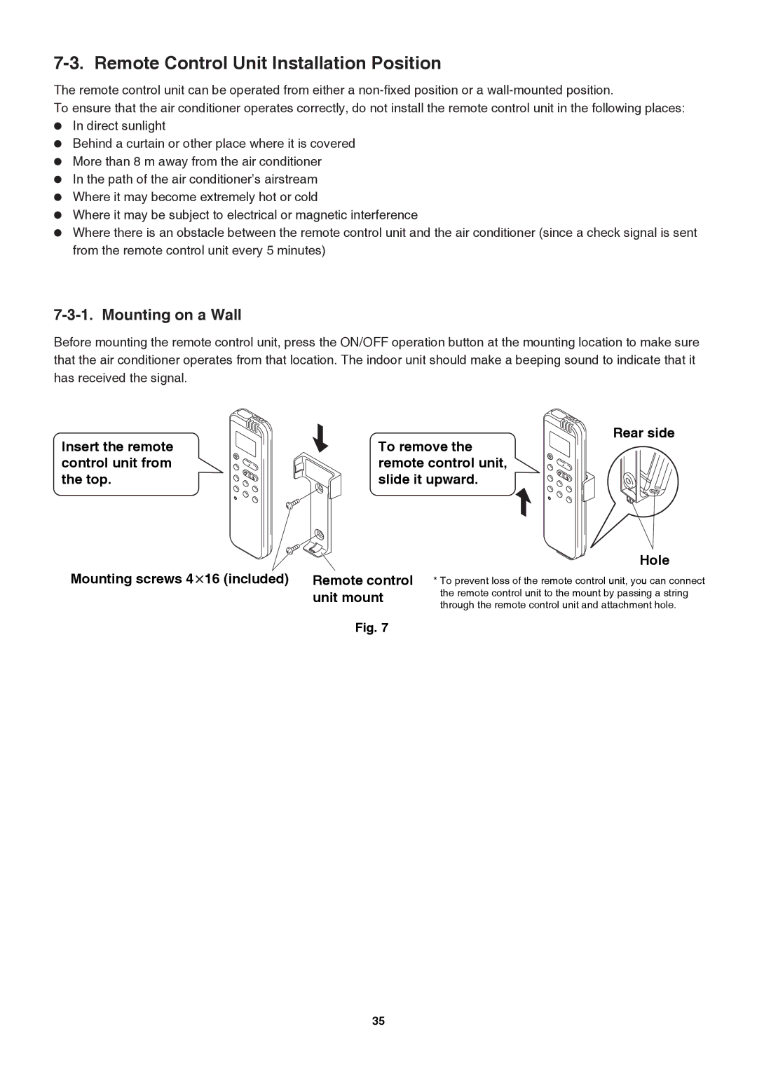 Sanyo Sanyo Split System Air Conditoner, SAP-K77RAX Remote Control Unit Installation Position, Mounting on a Wall 