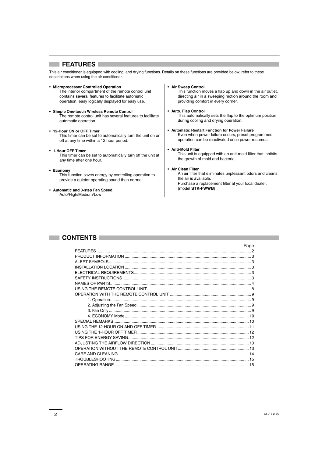 Sanyo SAP-K77RAX, Sanyo Split System Air Conditoner service manual Features, Contents 