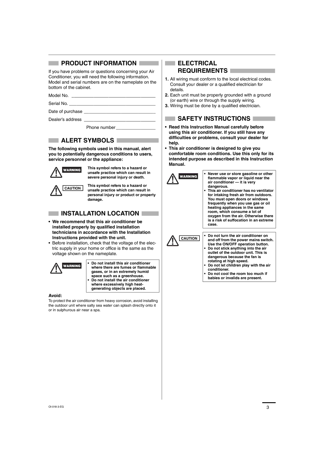 Sanyo Sanyo Split System Air Conditoner Product Information, Alert Symbols, Installation Location, Electrical Requirements 