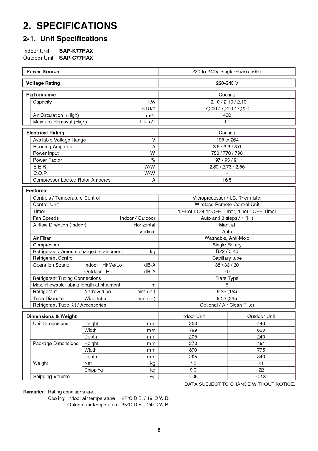 Sanyo SAP-K77RAX, Sanyo Split System Air Conditoner service manual Unit Specifications, Indoor Unit, Outdoor Unit 