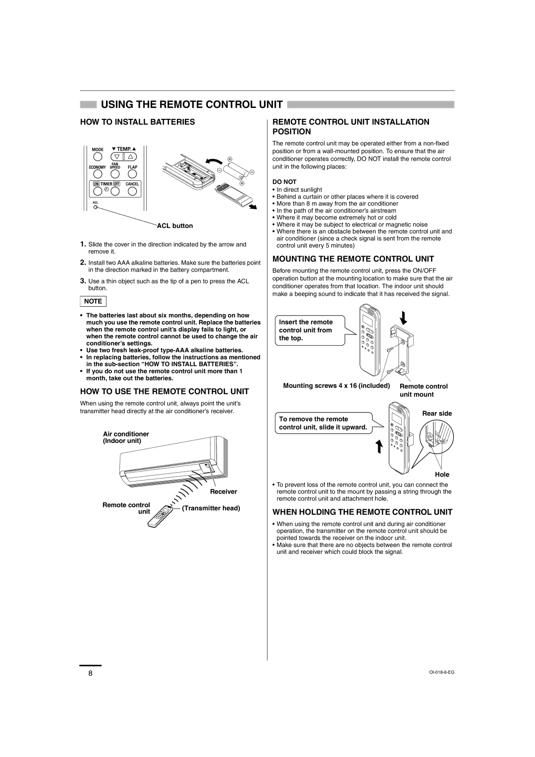 Sanyo SAP-K77RAX Using the Remote Control Unit, ACL button, Air conditioner Indoor unit Receiver Remote control 