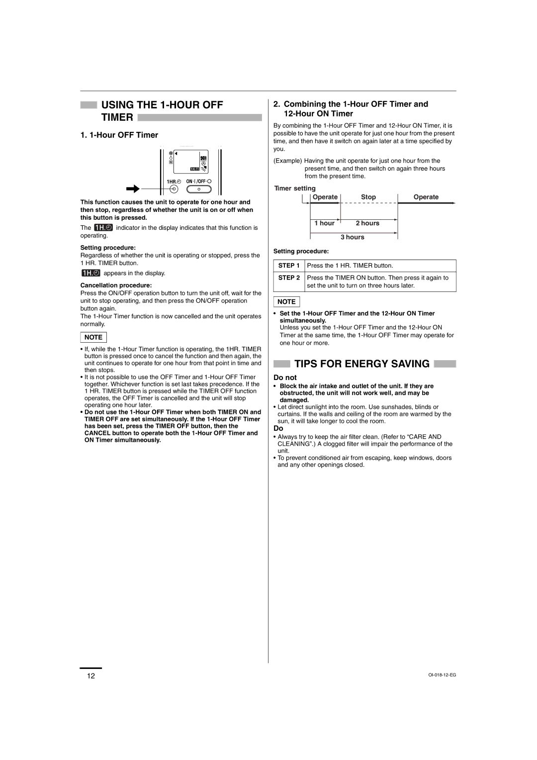 Sanyo SAP-K77RAX service manual Using the 1-HOUR OFF Timer, Tips for Energy Saving, Do not, Stop Operate Hour Hours 