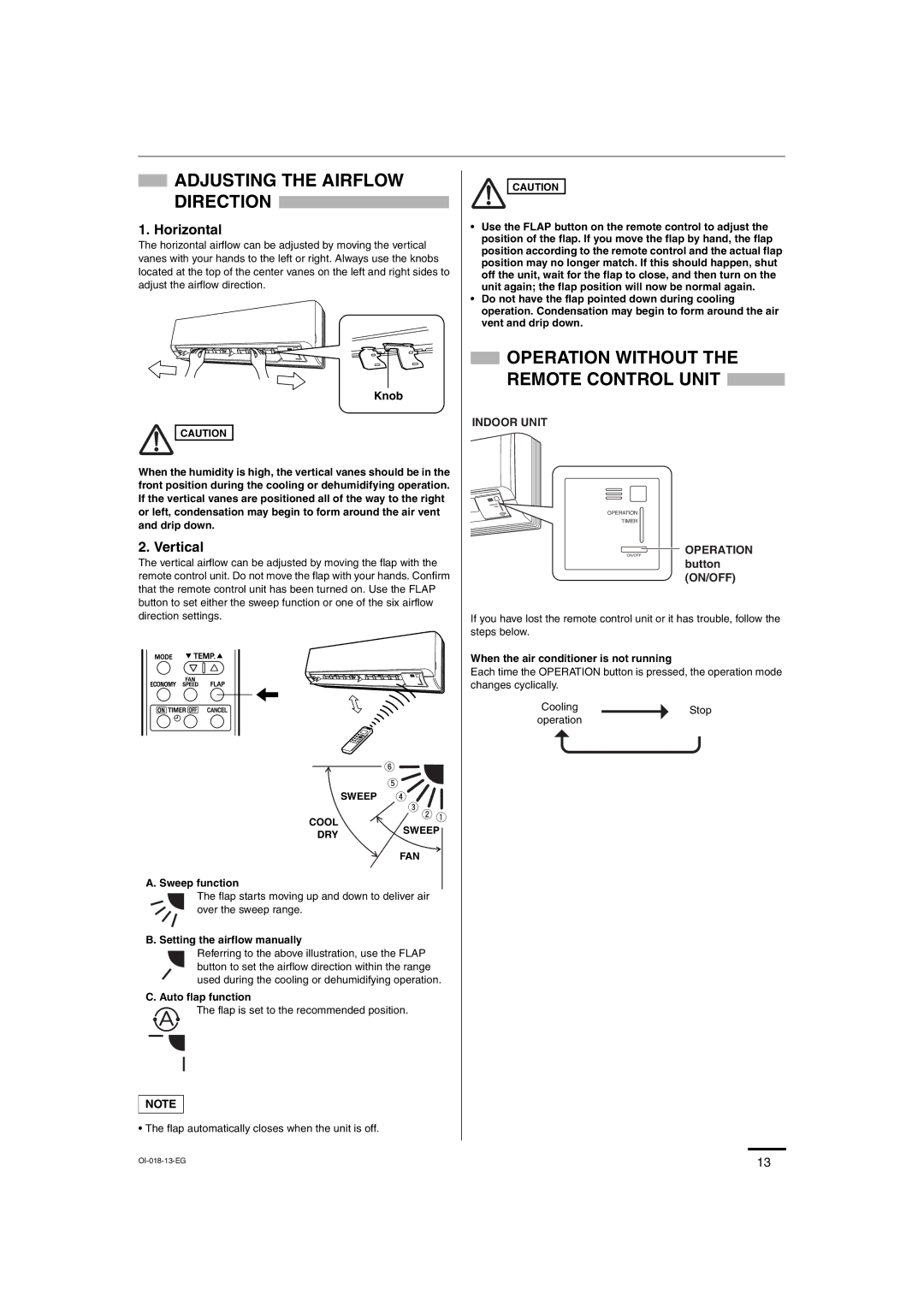 Sanyo Sanyo Split System Air Conditoner, SAP-K77RAX service manual Adjusting the Airflow Direction, Knob, Button ON/OFF 