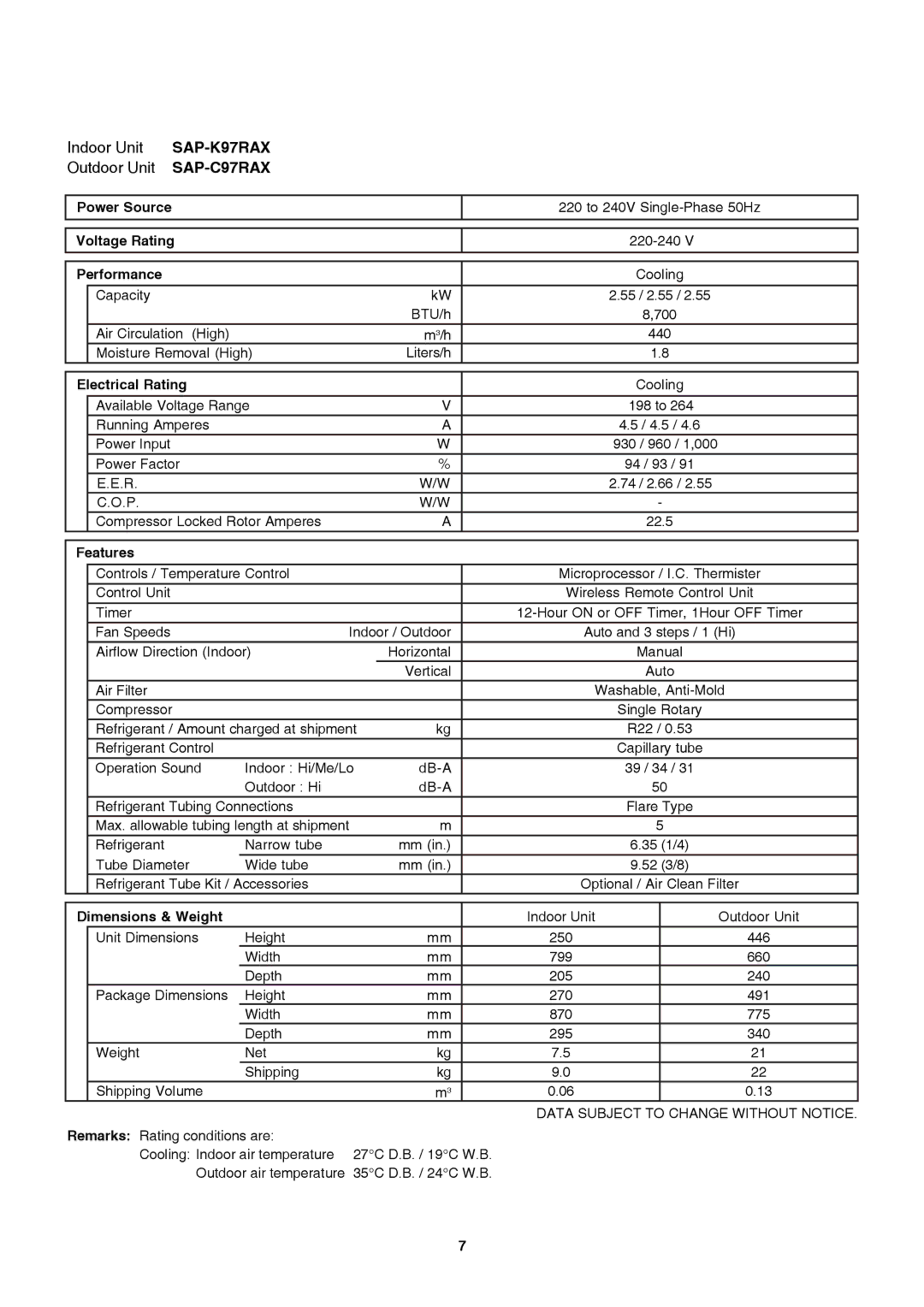 Sanyo Sanyo Split System Air Conditoner, SAP-K77RAX service manual SAP-K97RAX 