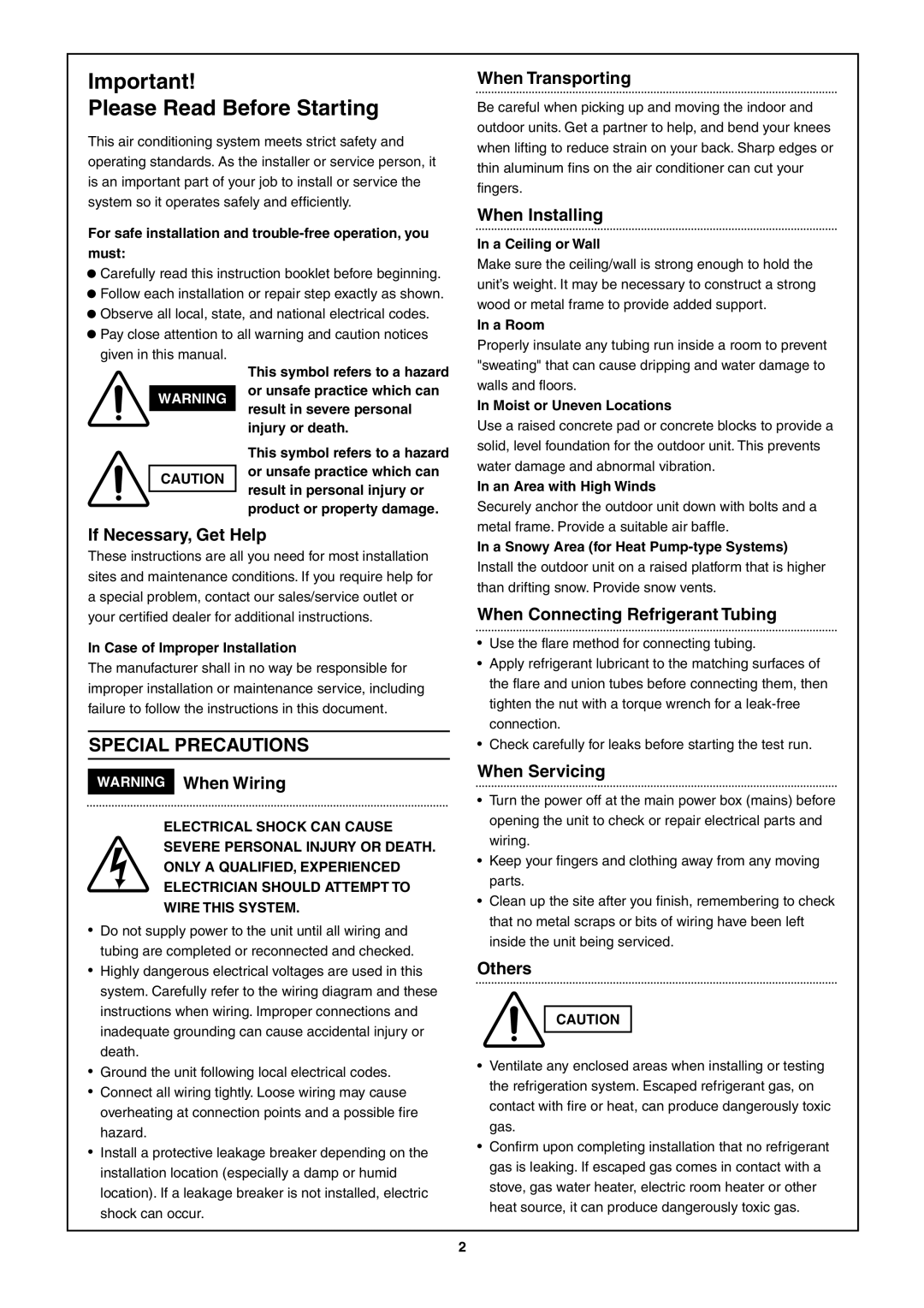 Sanyo SAP-K77RAX Please Read Before Starting, Special Precautions, When Transporting, When Installing, WARNING When Wiring 