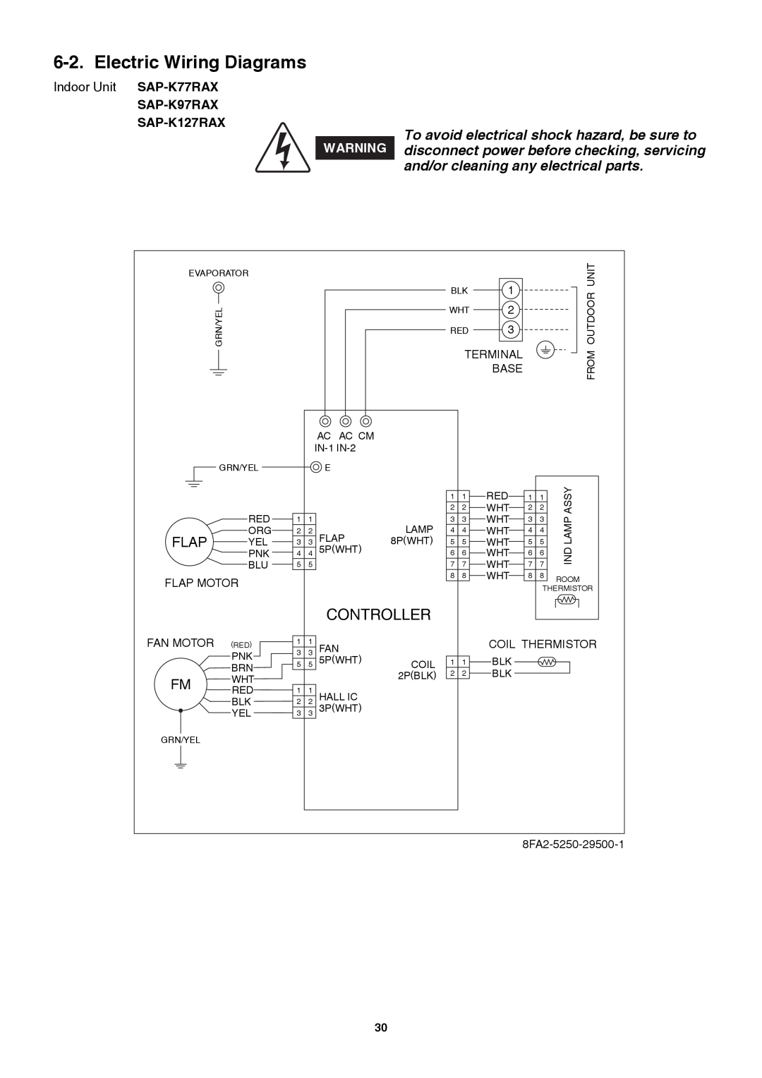 Sanyo SAP-K77RAX Electric Wiring Diagrams, Controller, and/or cleaning any electrical parts, SAP-K97RAX SAP-K127RAX 