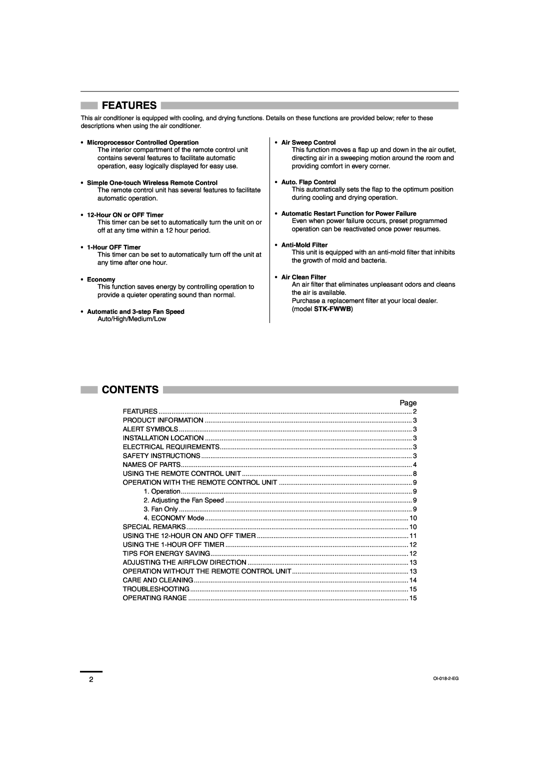Sanyo SAP-K77RAX, Sanyo Split System Air Conditoner service manual Features, Contents, Page 
