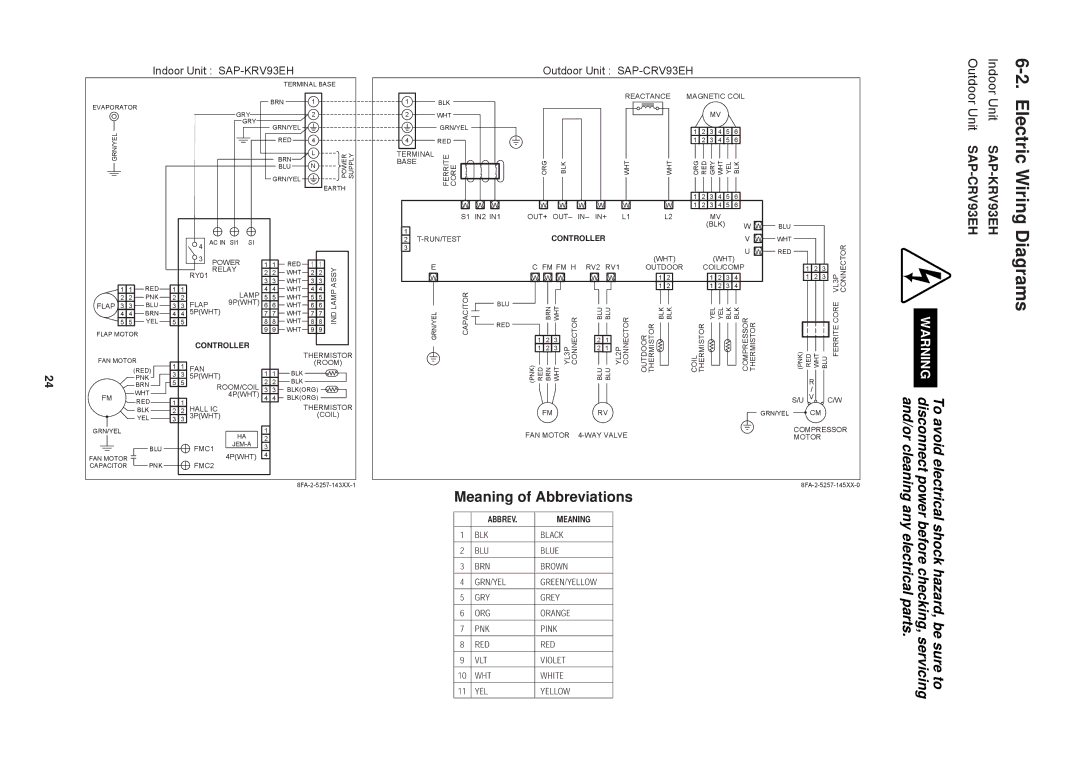 Sanyo SAP-KRV123EH, SAP-CRV123EH service manual Electric Wiring Diagrams, Outdoor Unit Indoor Unit, SAP-CRV93EH SAP-KRV93EH 