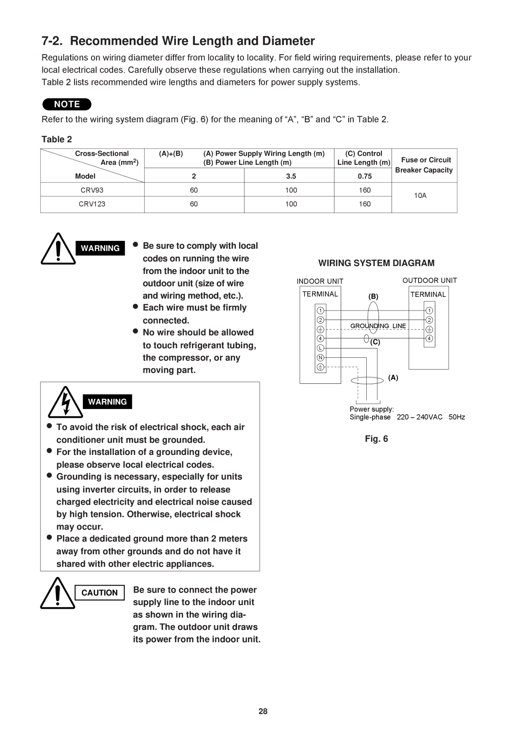 Sanyo SAP-KRV123EH, SAP-KRV93EH, SAP-CRV123EH, SAP-CRV93EH Recommended Wire Length and Diameter, Wiring System Diagram 