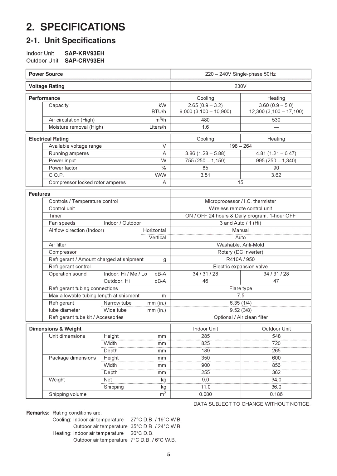 Sanyo SAP-KRV93EH, SAP-KRV123EH, SAP-CRV123EH service manual Unit Specifications, Indoor Unit, Outdoor Unit SAP-CRV93EH 