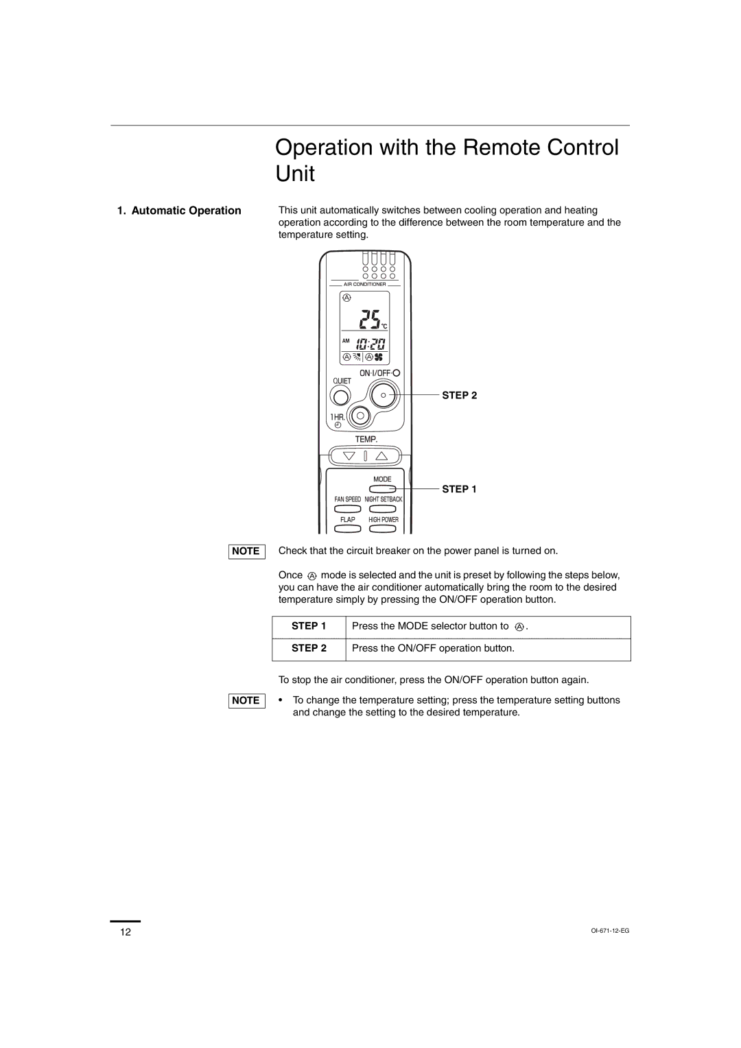 Sanyo SAP-CRV93EH, SAP-KRV123EH Operation with the Remote Control Unit, Step, Press the ON/OFF operation button 