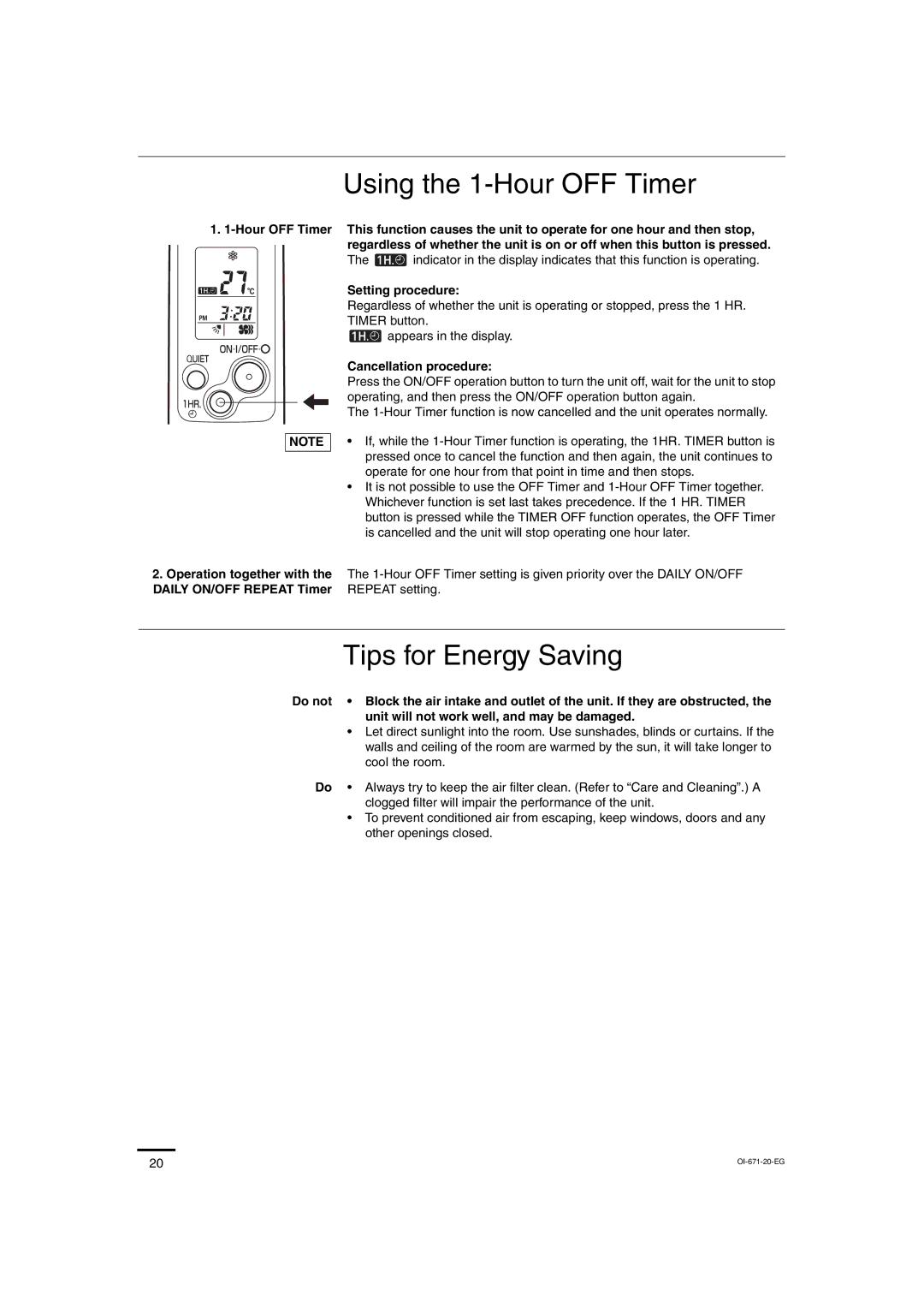 Sanyo SAP-CRV93EH Using the 1-Hour OFF Timer, Tips for Energy Saving, Setting procedure, Cancellation procedure 