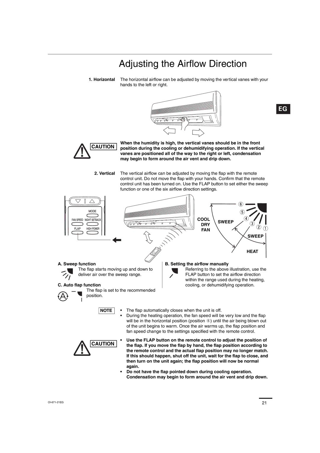 Sanyo SAP-KRV123EH, SAP-KRV93EH, SAP-CRV123EH, SAP-CRV93EH Adjusting the Airflow Direction, Cool Sweep DRY FAN Heat 