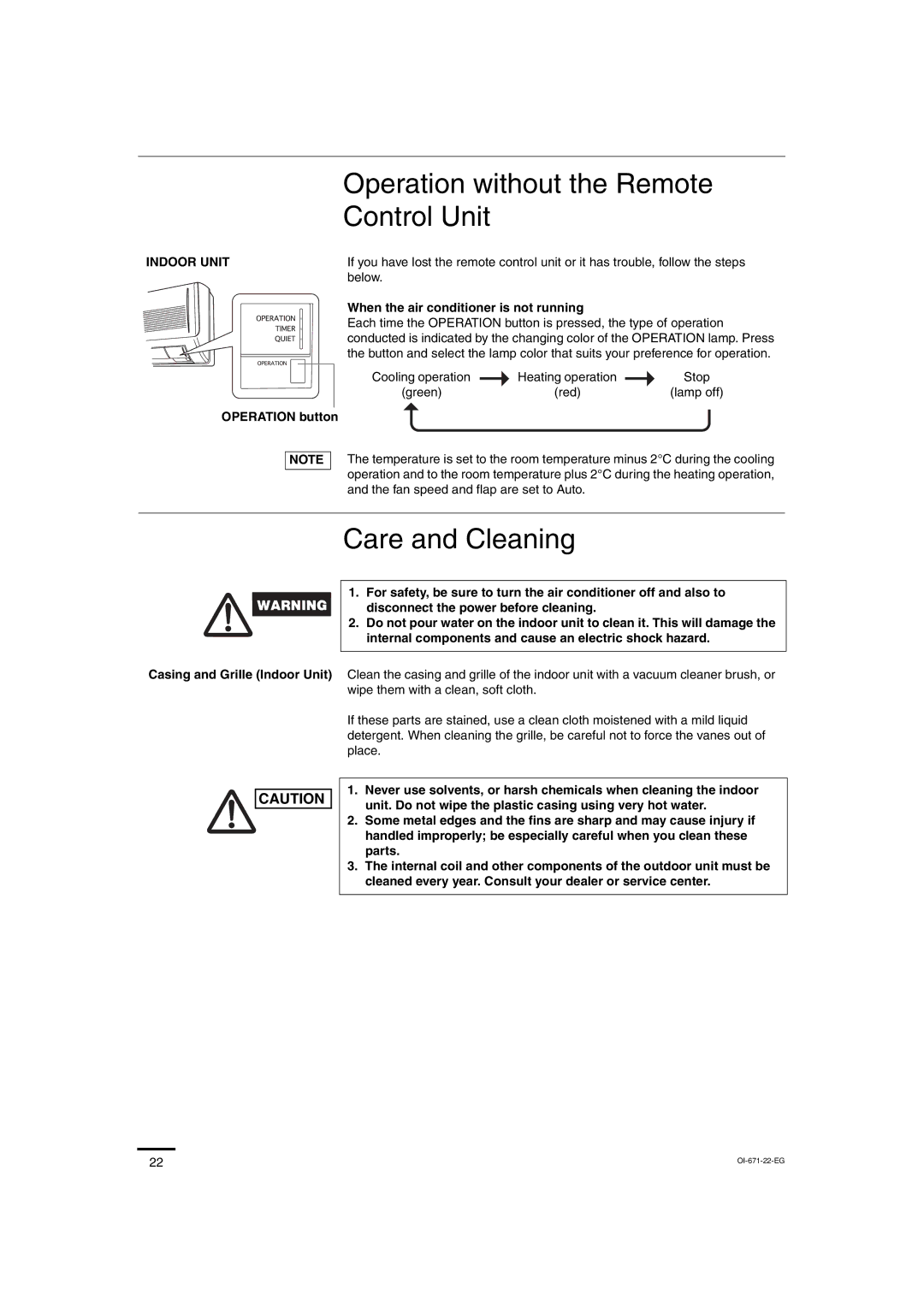 Sanyo SAP-KRV93EH Operation without the Remote Control Unit, Care and Cleaning, When the air conditioner is not running 