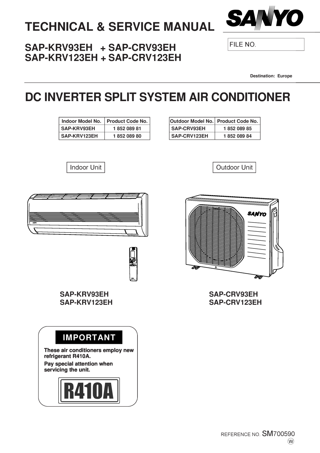 Sanyo SAP-KRV93EH service manual Dc Inverter Split System Air Conditioner, SAP-CRV93EH, SAP-KRV123EH, SAP-CRV123EH, 1 852 