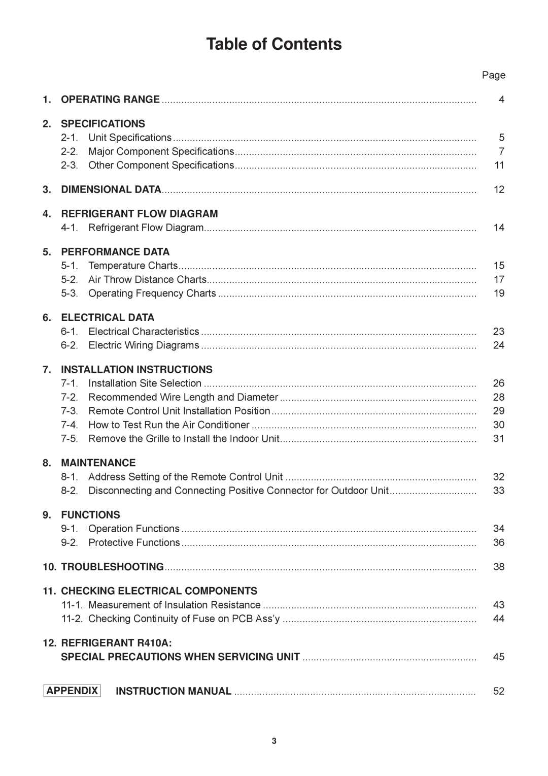 Sanyo SAP-CRV93EH, SAP-KRV123EH, SAP-KRV93EH, SAP-CRV123EH service manual Table of Contents, Appendix 