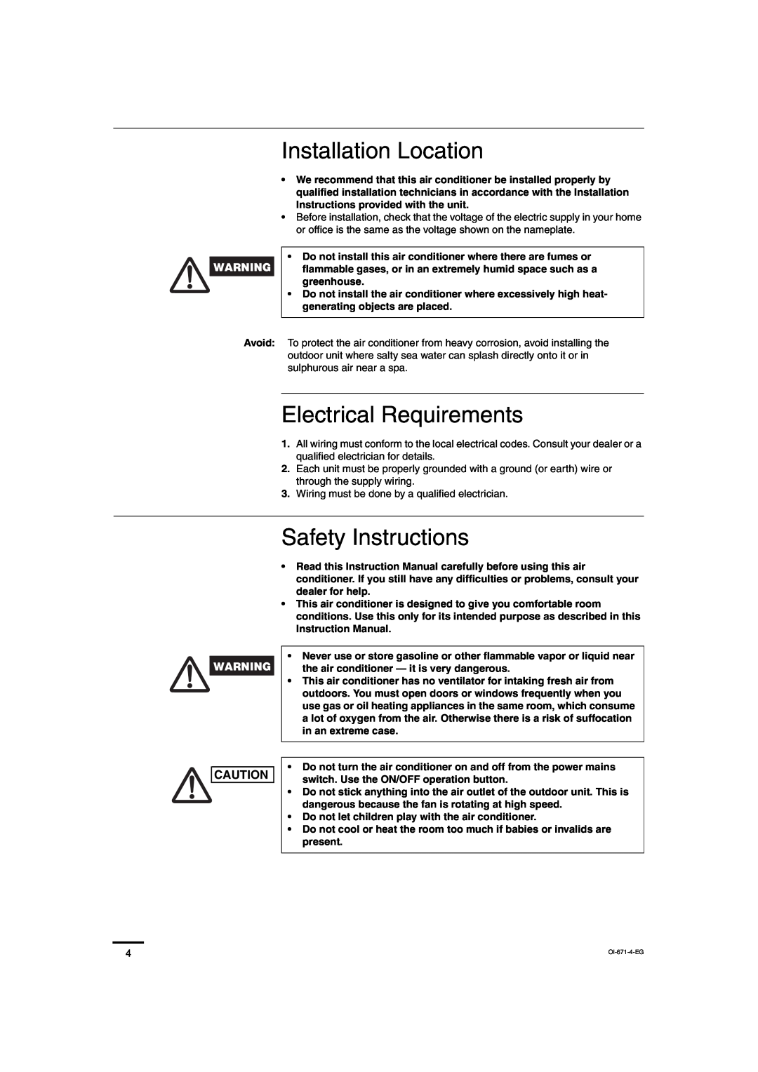 Sanyo SAP-CRV93EH, SAP-KRV123EH, SAP-KRV93EH Installation Location, Electrical Requirements, Safety Instructions 