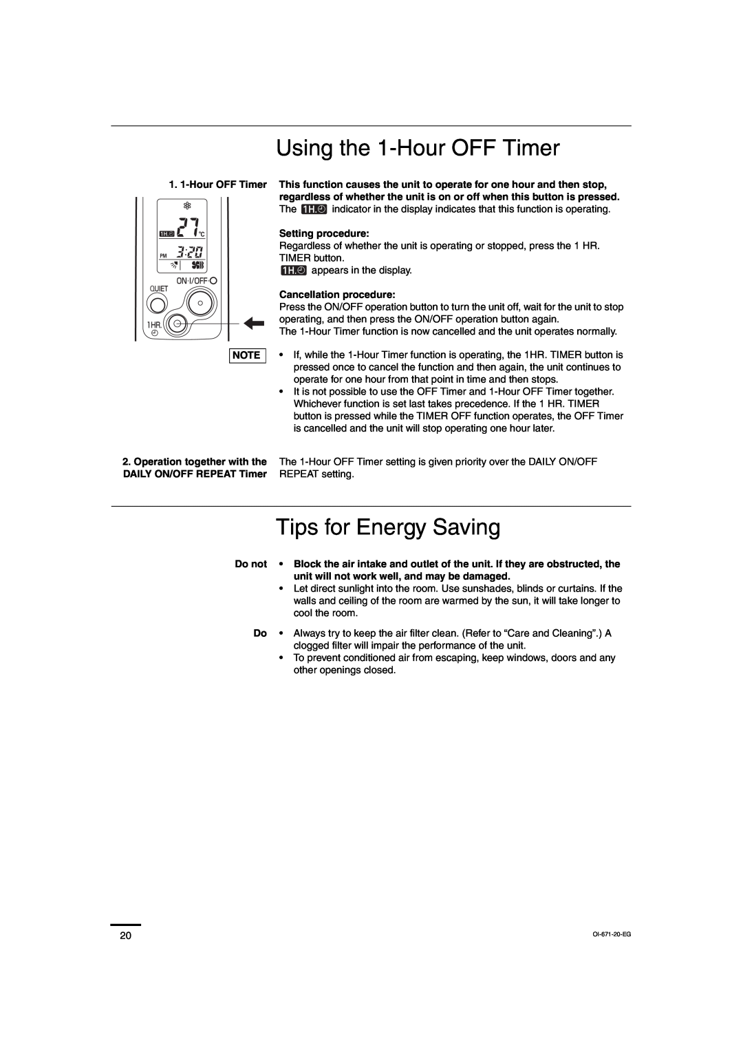 Sanyo SAP-CRV93EH, SAP-KRV123EH, SAP-KRV93EH, SAP-CRV123EH service manual Using the 1-HourOFF Timer, Tips for Energy Saving 