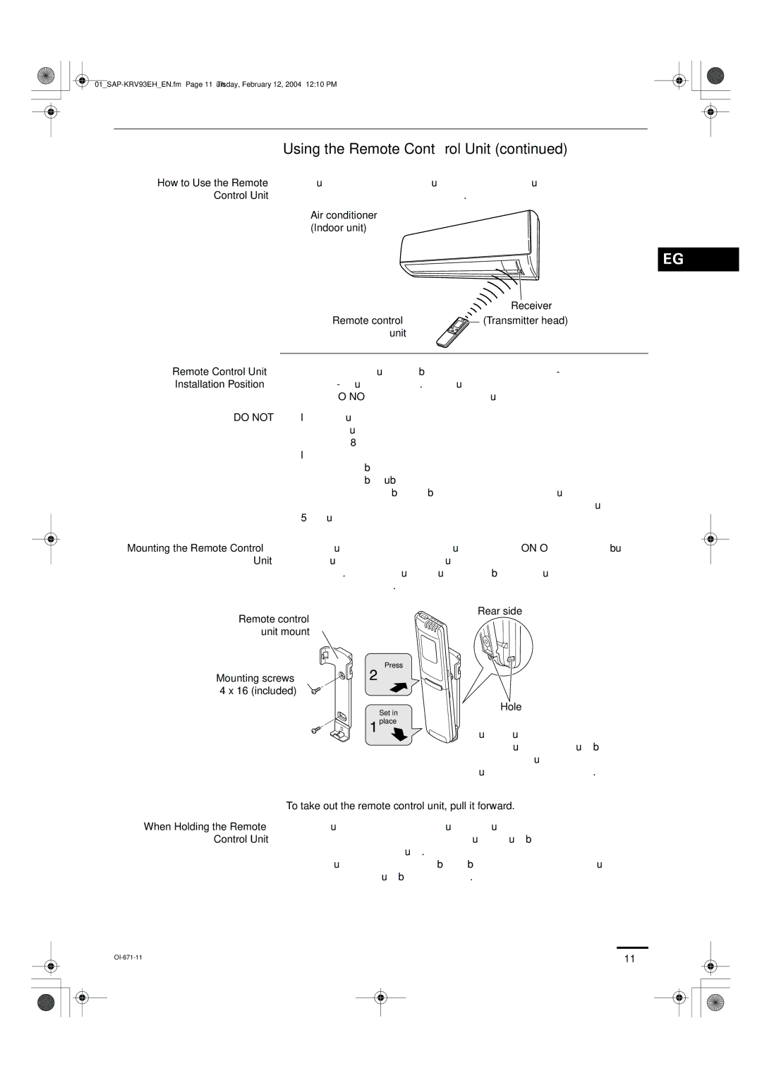 Sanyo SAP-KRV93EH, SAP-KRV123EH instruction manual Using the Remote Control Unit 