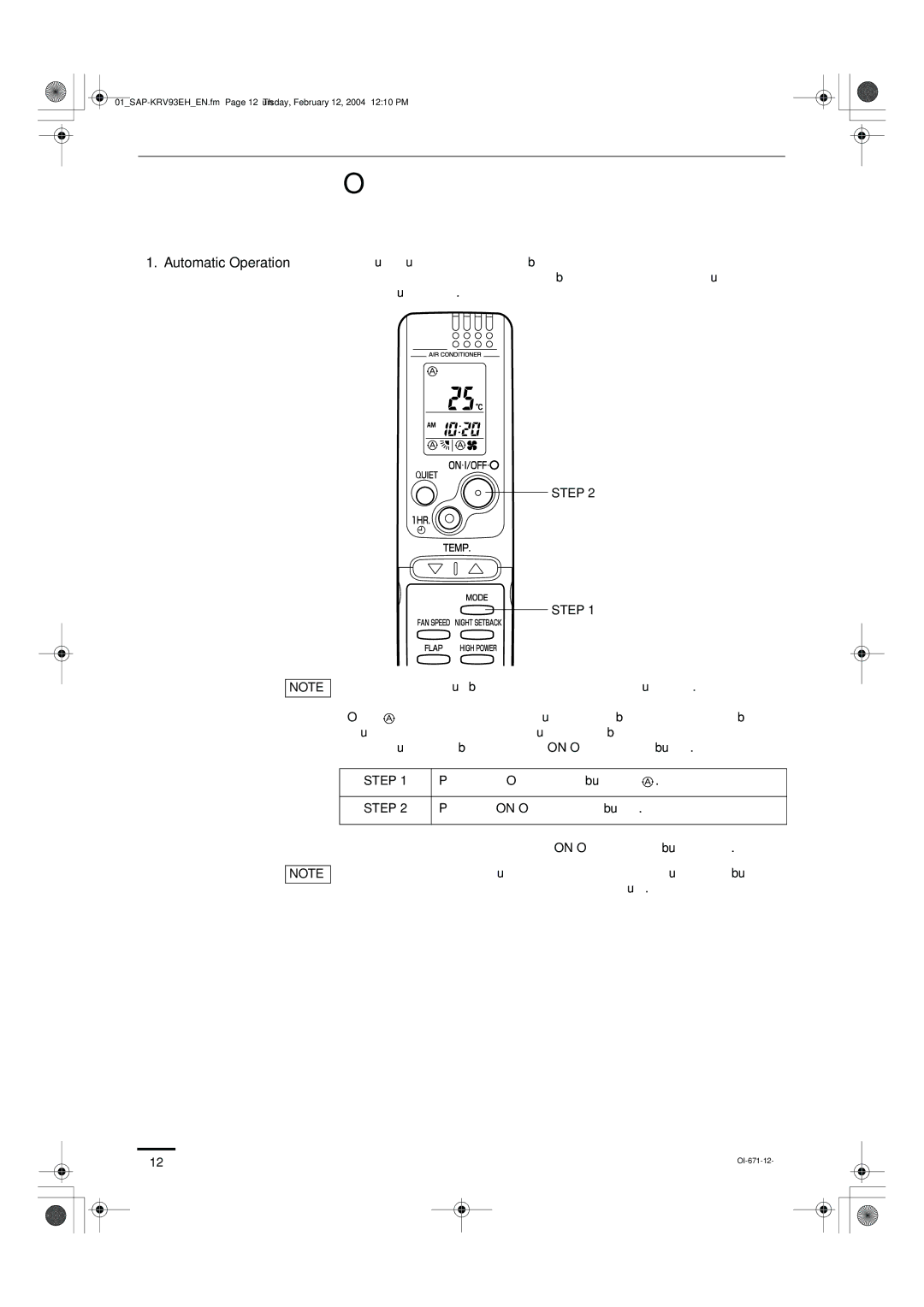 Sanyo SAP-KRV123EH Operation with the Remote Control Unit, Automatic Operation, Step, Press the ON/OFF operation button 