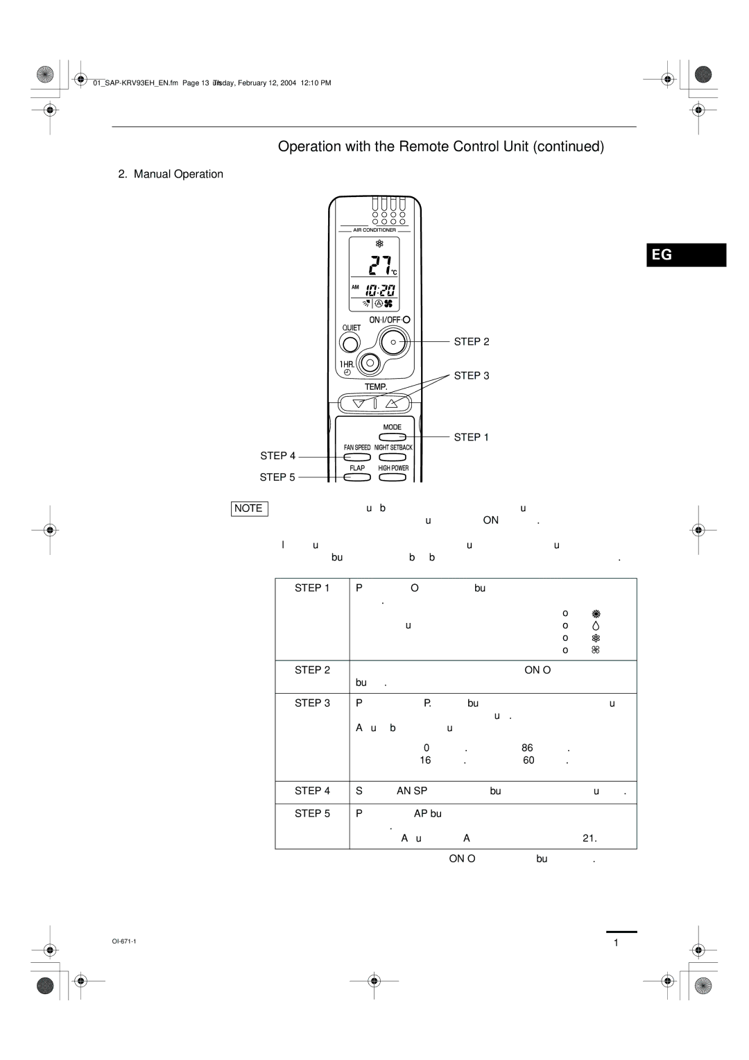 Sanyo SAP-KRV93EH, SAP-KRV123EH instruction manual Operation with the Remote Control Unit, Manual Operation 