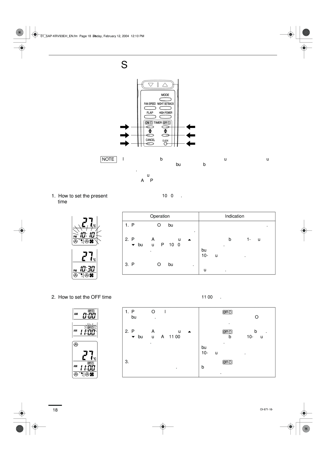 Sanyo SAP-KRV123EH, SAP-KRV93EH instruction manual Setting the Timer, How to set the present time, Operation Indication 