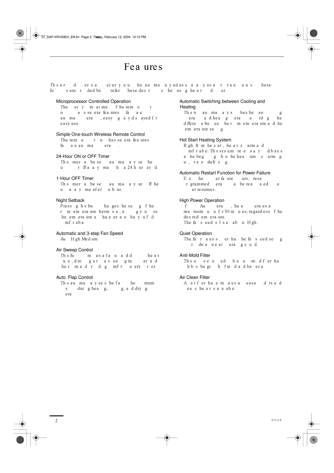 Sanyo SAP-KRV123EH, SAP-KRV93EH instruction manual Features 