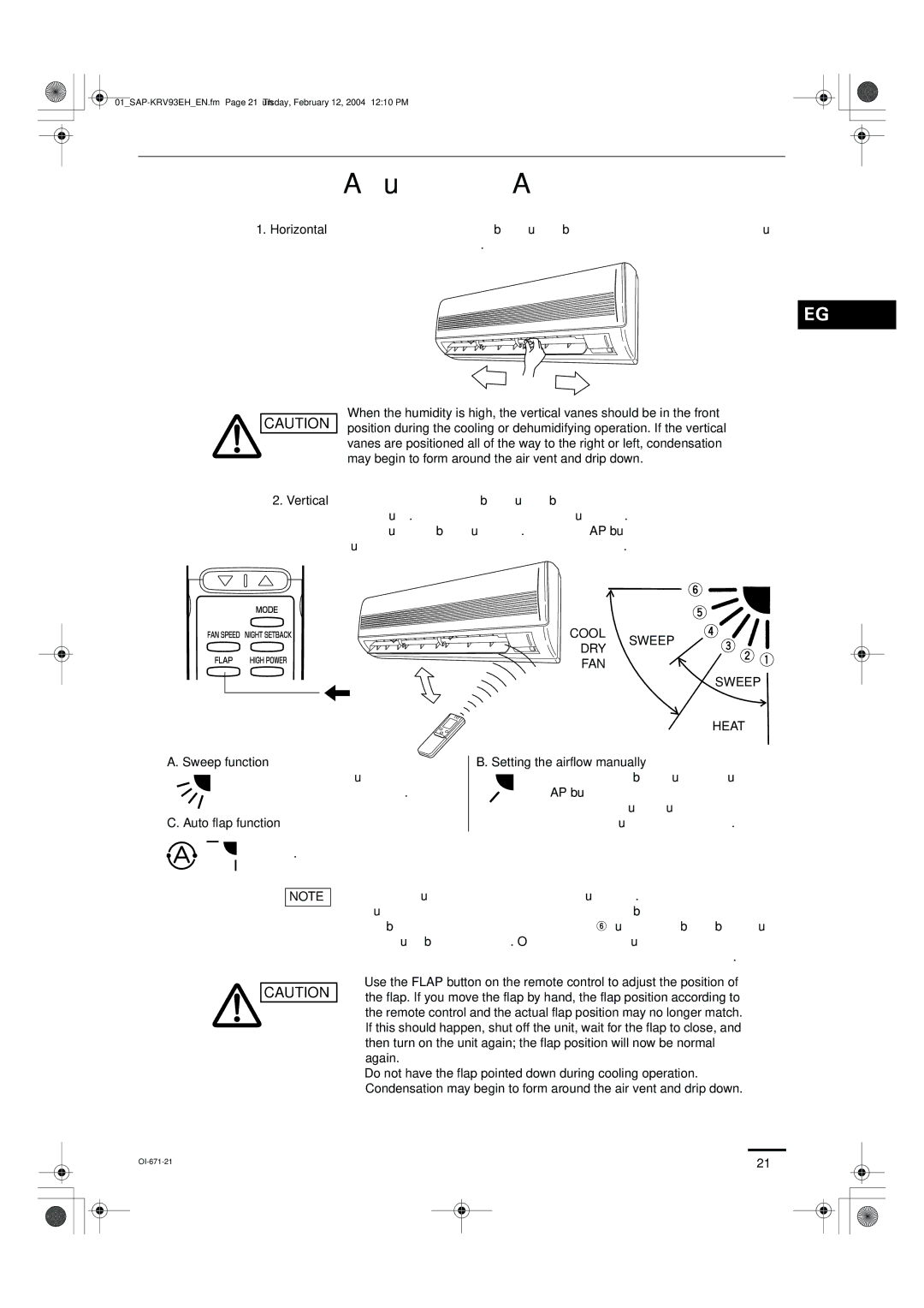 Sanyo SAP-KRV93EH Adjusting the Airflow Direction, Sweep function, Auto flap function, Cool Sweep DRY FAN Heat 