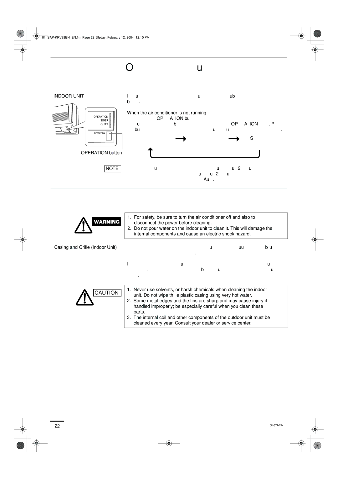 Sanyo SAP-KRV123EH Operation without the Remote Control Unit, Care and Cleaning, When the air conditioner is not running 