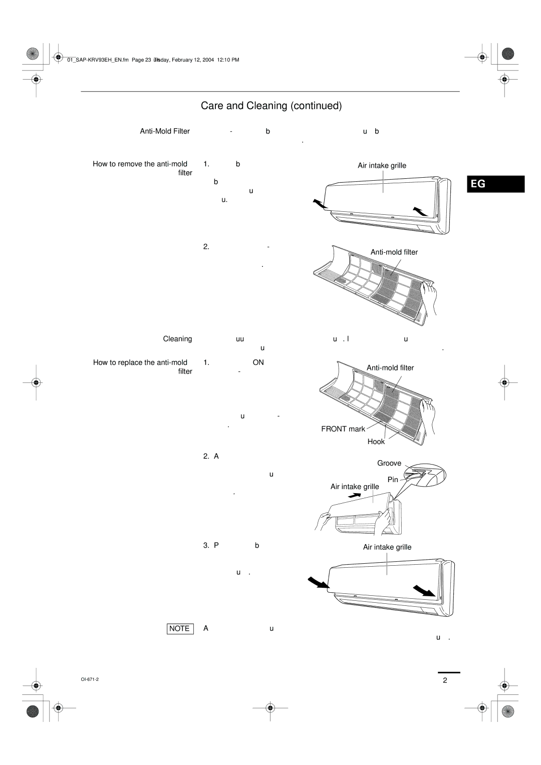 Sanyo SAP-KRV93EH, SAP-KRV123EH instruction manual Care and Cleaning, Air intake grille Anti-mold filter Cleaning 