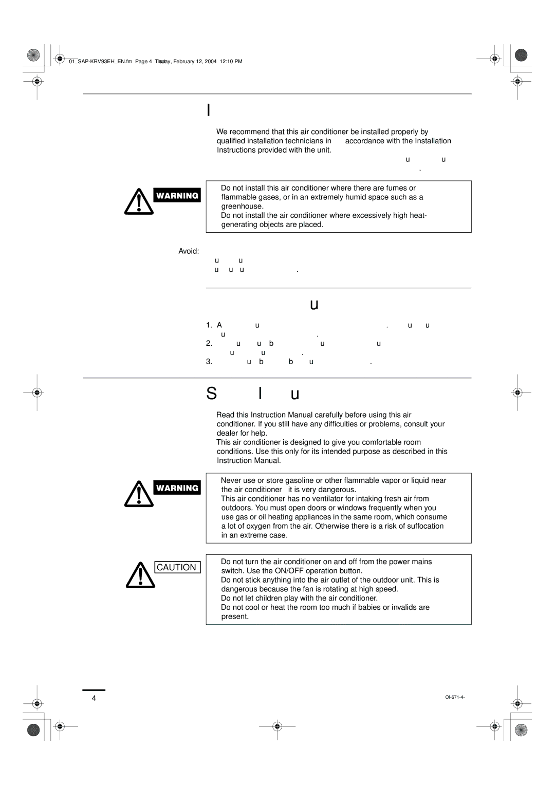 Sanyo SAP-KRV123EH, SAP-KRV93EH instruction manual Installation Location, Electrical Requirements, Safety Instructions 