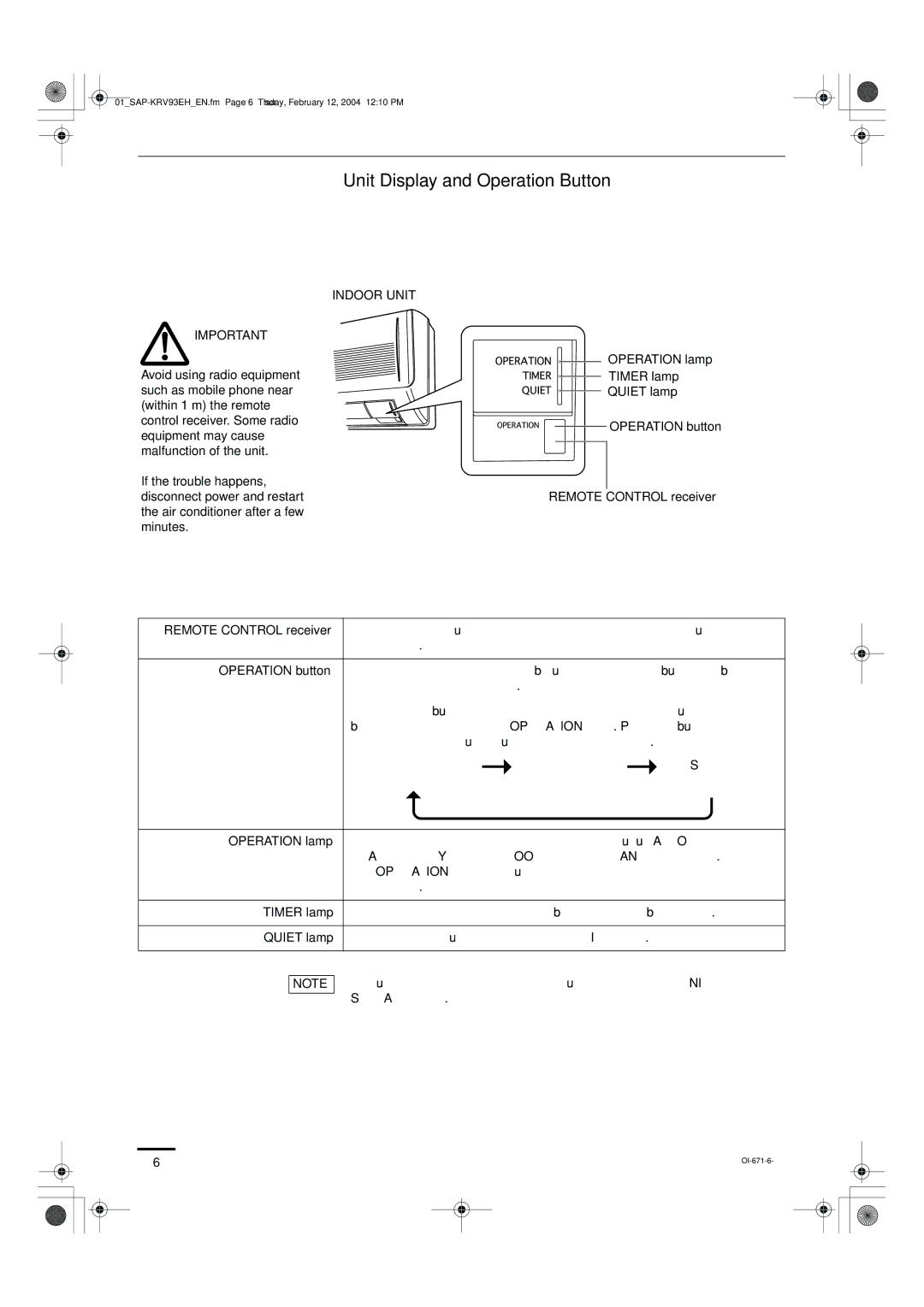 Sanyo SAP-KRV123EH, SAP-KRV93EH instruction manual Unit Display and Operation Button, Operation button 