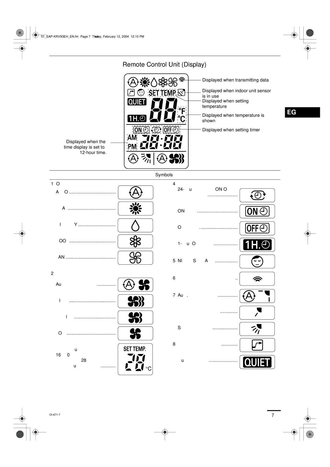 Sanyo SAP-KRV93EH, SAP-KRV123EH instruction manual Remote Control Unit Display 