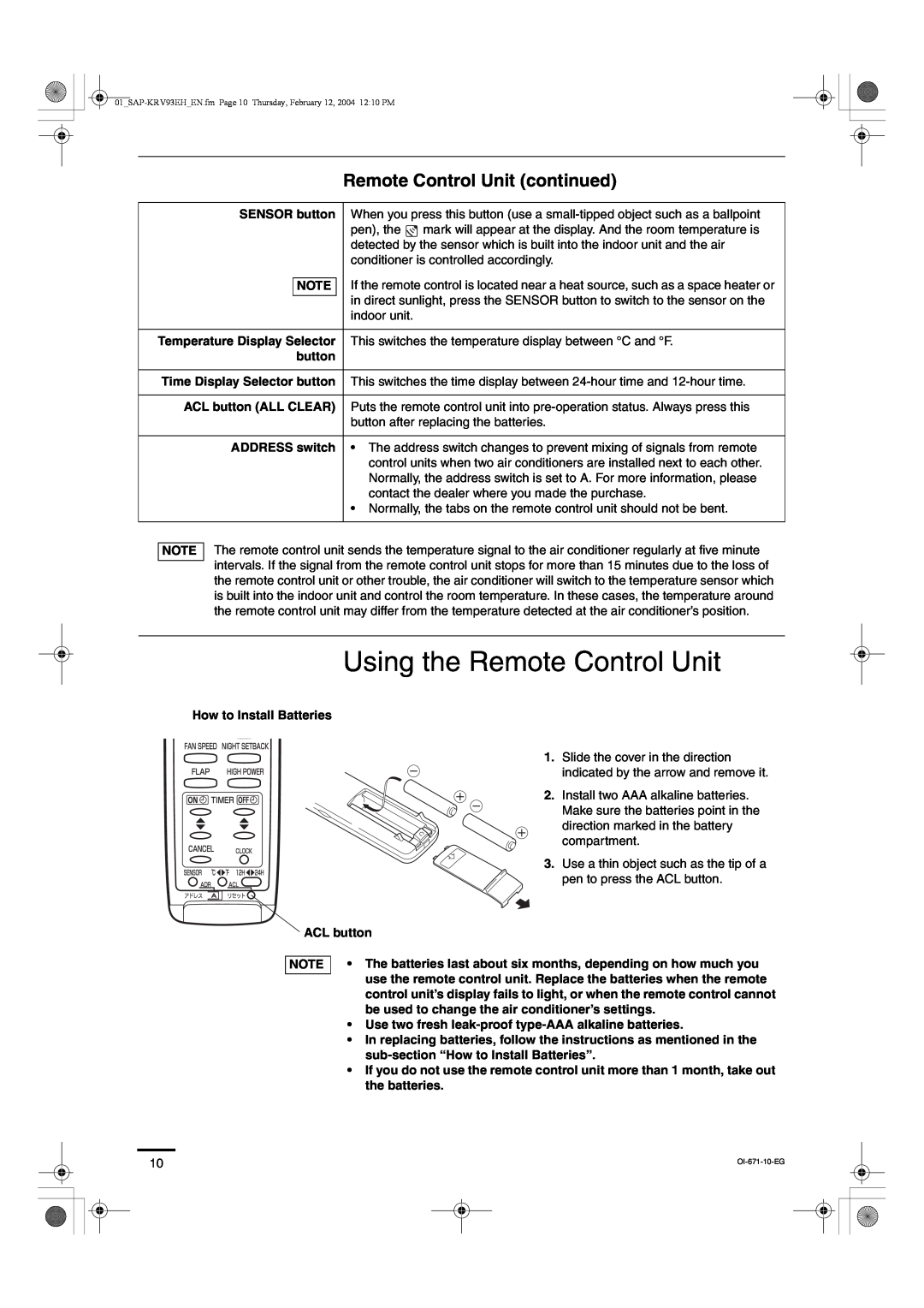 Sanyo SAP-KRV123EH, SAP-KRV93EH instruction manual Using the Remote Control Unit, Remote Control Unit continued 